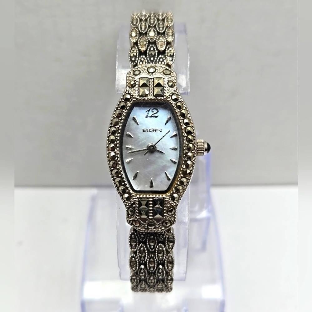 Elgin EG057 Womens Watch Silver Marcasite Mother of Pearl New Battery Working